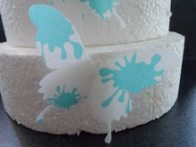 Load image into Gallery viewer, 8 precut edible Large Blue Paint Splat Butterflies Wedding,Birthday cake topper
