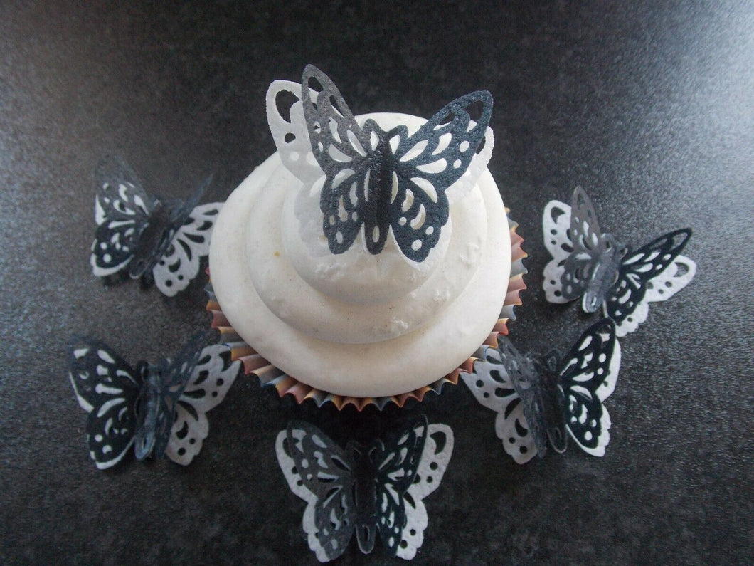 12 PRECUT Double Black and White Edible wafer paper Butterflies cupcake toppers2
