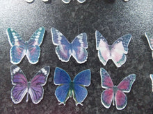 Load image into Gallery viewer, 24 Small Precut Edible Purple Mix(2) Butterflies for cakes and cupcake toppers
