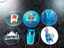 Load image into Gallery viewer, 12 PRECUT Edible Fortnite Discs wafer paper cake/cupcake toppers
