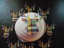 Load image into Gallery viewer, 12 PRECUT Edible Tartan style Stags Head wafer/rice paper cake/cupcake toppers

