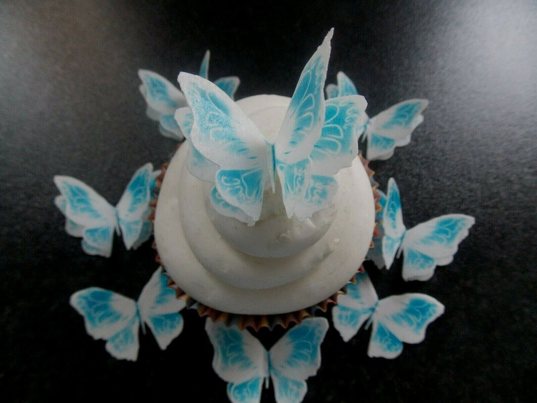 12 PRECUT Double White/Blue Edible wafer paper Butterflies cake/cupcake toppers1