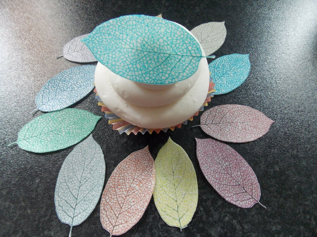 12 PRECUT Edible Multi Coloured Leaves wafer/rice paper cake/cupcake toppers