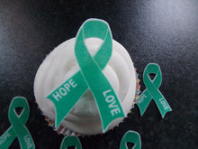 Load image into Gallery viewer, 12 PRECUT Edible Green Liver Cancer ribbon wafer/rice paper cake/cupcake topper
