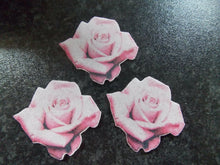 Load image into Gallery viewer, 12 PRECUT Edible Pink Roses wafer/rice paper cake/cupcake toppers
