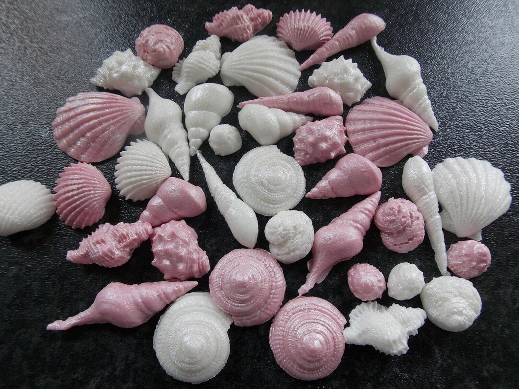 40 Edible Pink and White Shimmery Sea shells fondant cake/cupcake toppers