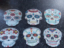 Load image into Gallery viewer, 12 PRECUT Edible Mexican/Sugar Skulls wafer/rice paper cake/cupcake toppers
