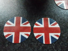 Load image into Gallery viewer, 12 PRECUT Union Jack/VE Day discs Edible wafer/rice paper cupcake toppers
