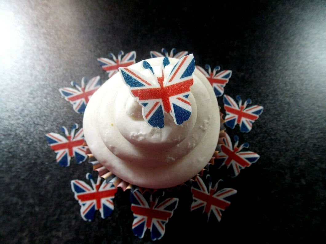 30 PRECUT Edible small wafer paper Union Jack/VE Day Butterfly cupcake toppers