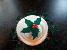 Load image into Gallery viewer, 24 PRECUT Edible Christmas/xmas small Holly wafer paper cake/cupcake toppers
