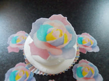 Load image into Gallery viewer, 12 PRECUT Pastel Roses Edible wafer/rice paper cupcake toppers
