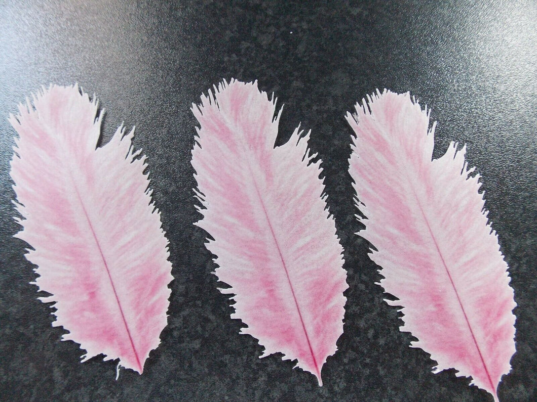 3 PRECUT Large Edible Pink Ostrich/Burlesque Feather wafer paper cup/cake topper