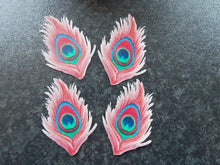 Load image into Gallery viewer, 12 PRECUT Edible Pink Peacock Feathers wafer/rice paper cake/cupcake toppers
