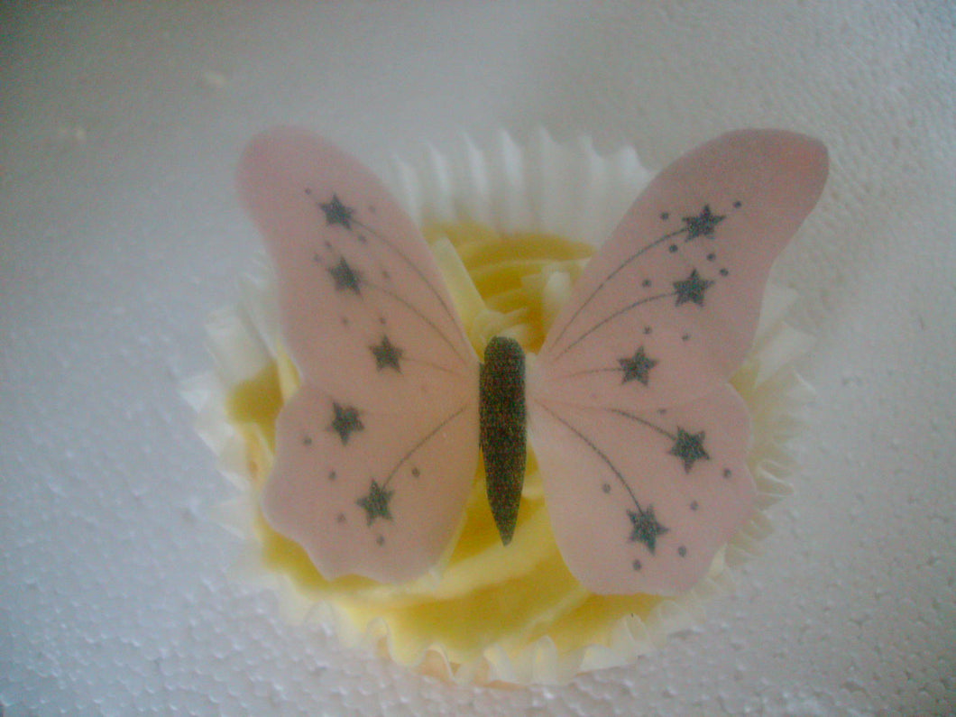 12 Precut Edible pink with stars butterflies cake/cupcake toppers