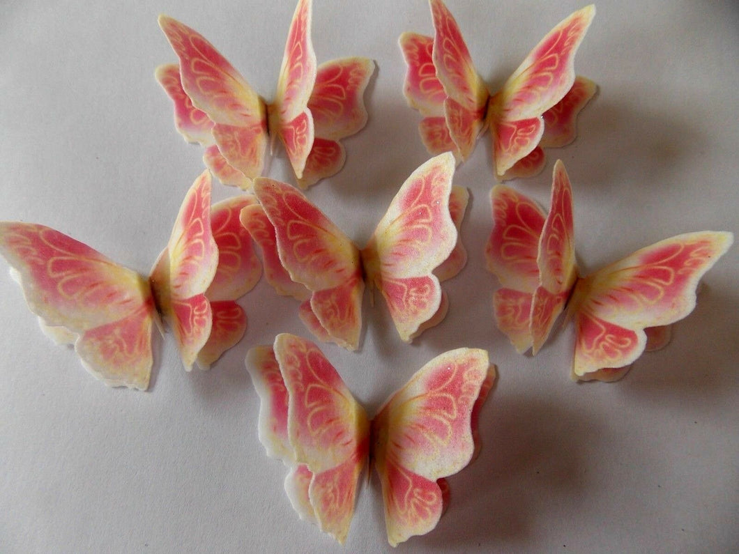 12 PRECUT Double Pink/yellow Edible wafer paper Butterflies cake/cupcake toppers
