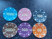 Load image into Gallery viewer, 12 PRECUT Edible Casino Chip discs wafer/rice paper cake/cupcake toppers

