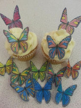 Load image into Gallery viewer, 12 PRECUT Multi Coloured Edible wafer paper Butterflies cake/cupcake toppers

