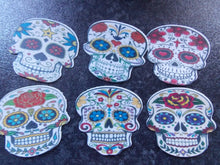 Load image into Gallery viewer, 12 PRECUT Edible Mexican/Sugar Skulls wafer/rice paper cake/cupcake toppers
