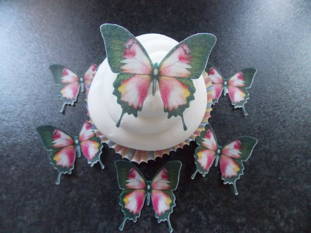 12 PRECUT Pink & Yellow Butterflies Edible wafer/rice paper cupcake toppers (D)