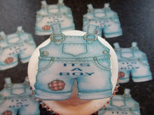 Load image into Gallery viewer, 12 PRECUT Baby Boy Dungarees Edible wafer paper christening cake/cupcake toppers
