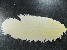 Load image into Gallery viewer, 3 PRECUT Large Edible Yellow Ostrich/Burlesque Feather wafer paper cake topper
