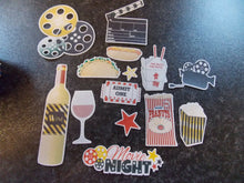 Load image into Gallery viewer, 26 Precut Edible Movie Night themed wafer/rice paper cake/cupcake toppers
