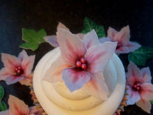 Load image into Gallery viewer, 12 Edible Pink/Lilac Lily Orchid and Ivy leaves wafer paper cake/cupcake topper
