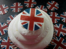 Load image into Gallery viewer, 27 PRECUT Small Union Jack/VE Day discs Edible wafer/rice paper cupcake toppers
