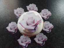 Load image into Gallery viewer, 12 PRECUT Edible Lilac Roses wafer/rice paper cake/cupcake toppers
