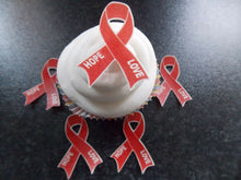 Load image into Gallery viewer, 12 PRECUT Edible Red HIV/AIDS Cancer ribbon wafer/rice paper cake/cupcake topper
