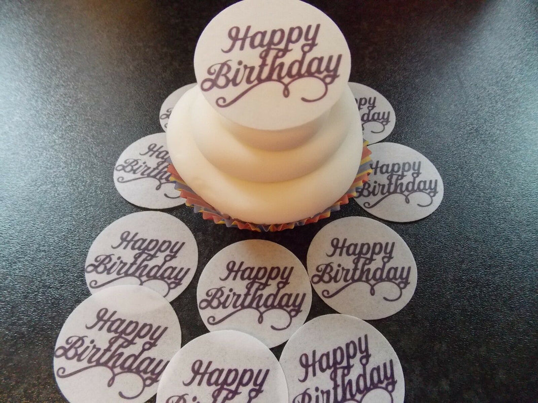 12 PRECUT Birthday Disc purple Edible wafer/rice paper cake/cupcake toppers