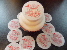 Load image into Gallery viewer, 12 PRECUT Birthday Disc pink bird Edible wafer/rice paper cake/cupcake toppers
