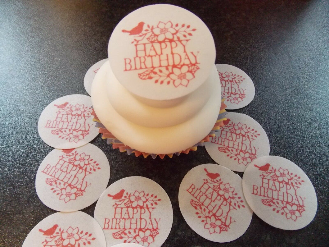 12 PRECUT Birthday Disc pink bird Edible wafer/rice paper cake/cupcake toppers
