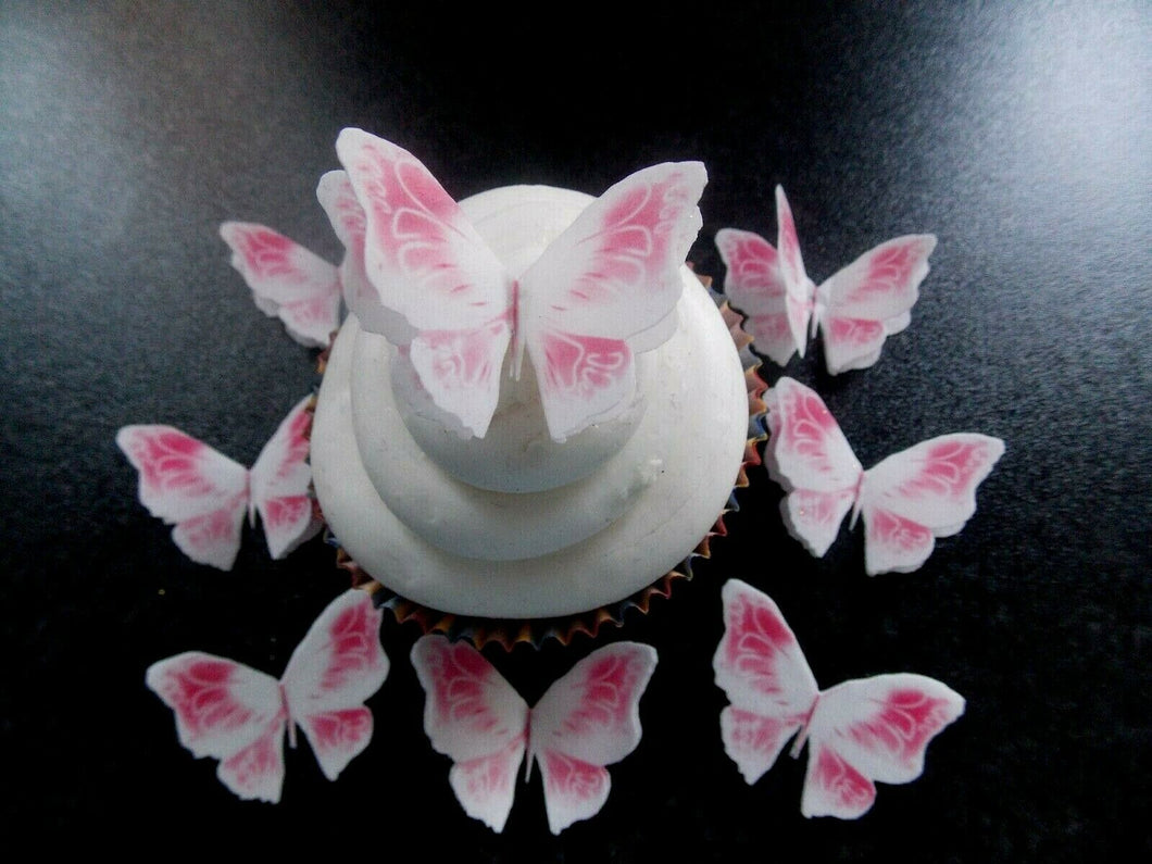 12 PRECUT Double White/Pink Edible wafer paper Butterflies cake/cupcake toppers1