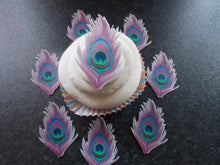 Load image into Gallery viewer, 12 PRECUT Edible Purple Peacock Feathers wafer/rice paper cake/cupcake toppers
