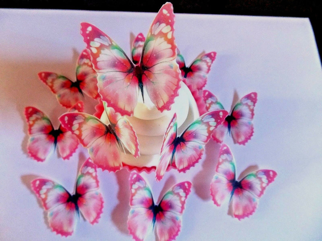 24 Small PRECUT Edible Pink Butterfly wafer/rice paper cake/cupcake toppers(a)