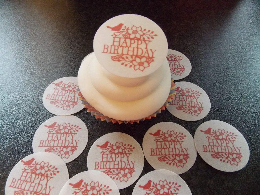 12 PRECUT Birthday Disc red bird Edible wafer/rice paper cake/cupcake toppers