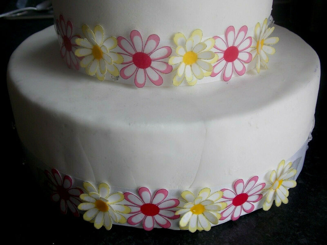 3 Precut Edible Wafer Paper 3d Pink&Yellow flower cake ribbon/border cake topper