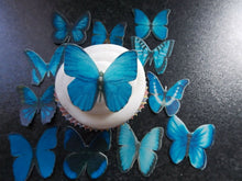 Load image into Gallery viewer, 12 Precut Edible Blue Mix(2) Butterflies for cakes and cupcake toppers
