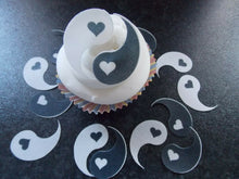 Load image into Gallery viewer, 24 PRECUT Edible Yin Yang with hearts wafer/rice paper cake/cupcake toppers
