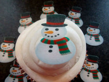 Load image into Gallery viewer, 24 PRECUT Edible Christmas/xmas small Snowmen wafer paper cake/cupcake toppers
