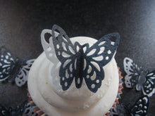 Load image into Gallery viewer, 12 PRECUT Double Black and White Edible wafer paper Butterflies cupcake toppers2
