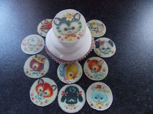 Load image into Gallery viewer, 12 PRECUT Edible Vintage Baby Animal discs wafer/rice paper cake/cupcake toppers
