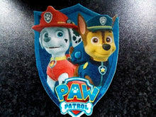 Load image into Gallery viewer, 1 PRECUT 4&quot; Edible Paw Patrol Chase &amp; Marshall Shield wafer paper cake topper
