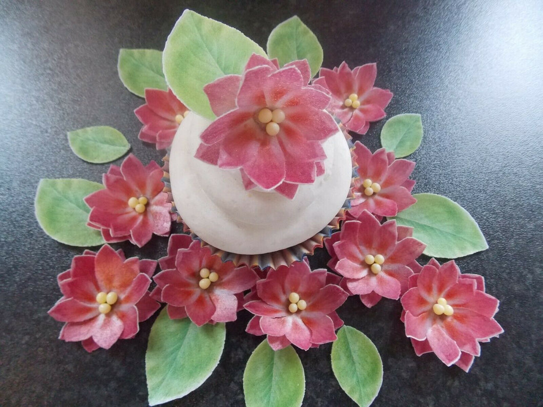 34 piece 3D Edible pink flower and leaves wafer paper cake/cupcake topper(c)