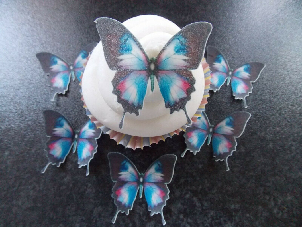 12 PRECUT Blue Butterflies Edible wafer/rice paper cupcake toppers (D)
