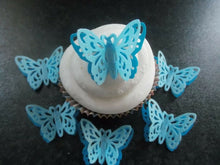 Load image into Gallery viewer, 12 PRECUT Double Blue Edible wafer/rice paper Butterflies cake/cupcake toppers2
