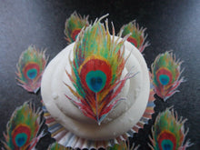 Load image into Gallery viewer, 12 PRECUT Edible Multi Colour Peacock Feathers wafer paper cake/cupcake toppers
