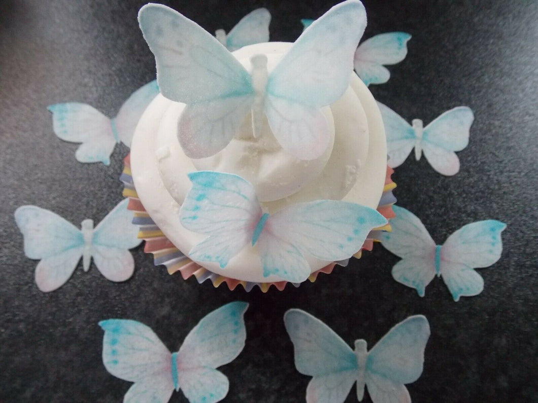 16 PRECUT Edible Baby Blue Butterflies wafer/rice paper cake/cupcake toppers