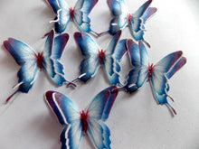 Load image into Gallery viewer, 12 PRECUT Double Blue Edible wafer paper Butterflies cake/cupcake toppers
